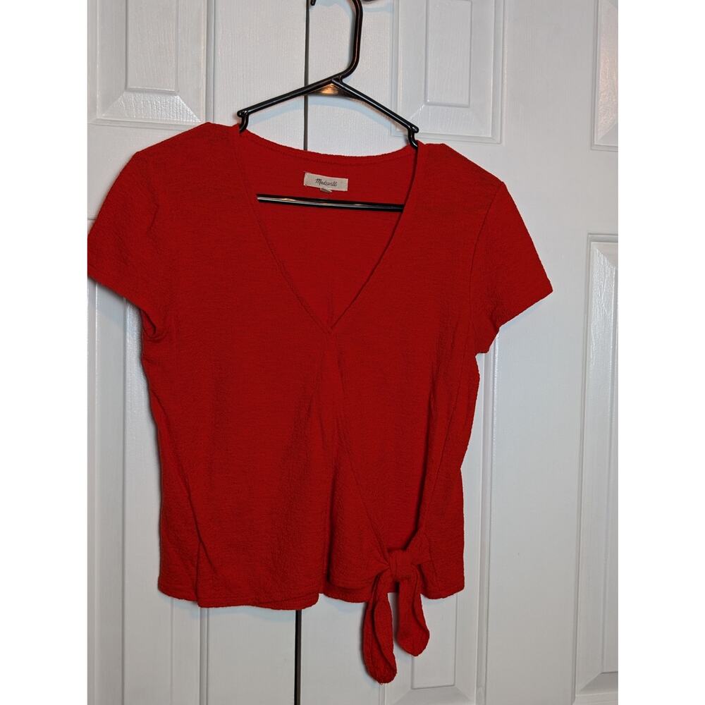 Madewell Texture and Thread Red V Neck Tie Front Short Sleeve Shirt XS